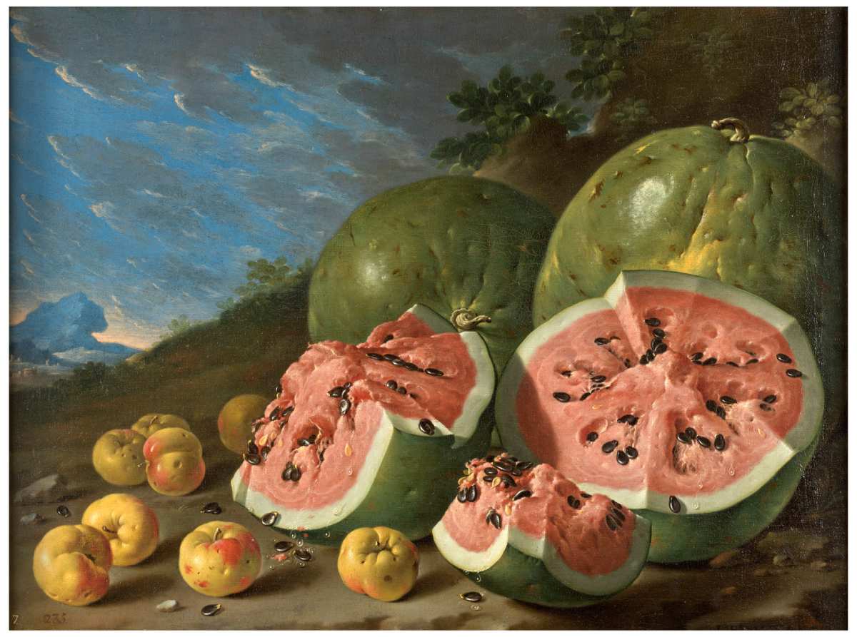 Photographie de Nature morte avec pasteques et pommes dans un paysage du peintre espagnol Luis Egidio Meléndez
