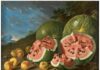 Photographie de Nature morte avec pasteques et pommes dans un paysage du peintre espagnol Luis Egidio Meléndez