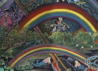 Pablo Amaringo [1938-2009], Vision of the Snakes [La vision des serpents], 1987. Gouache sur toile, 30,9 × 40,8 cm. Collection L. E. Luna. Courtesy de l’artiste. Photo : L. E. Luna